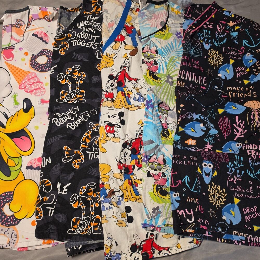 Lot of 5 Disney Scrubs Tops S Nemo Pluto Mickey Tigger Minnie